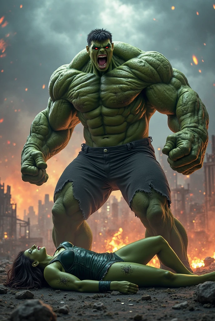 The image shows the Hulk carrying an unconscious or injured woman while standing on train tracks in a cityscape. Behind him, there's a high-speed train and a jet flying overhead. The scene is chaotic, with people in the background running away in panic. This is another digitally manipulated or AI-generated image, blending superhero elements with a dramatic, action-packed setting. The Hulk, with his immense strength and iconic green appearance, is depicted as a protector or savior in a dire situation.