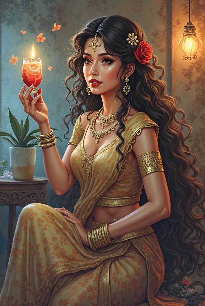 (gorgeous, beautiful, enchanting:1.3), detailed eyes and face, long eyelashes, dark swirling hair, fierce expression, romances mood , rope wrapped around her waist, holding a Milkin glass, vibrant colors, traditional Indian nudes, intricate jewelry, divine aura, surrounded by flowers on bed,boys and kissing atmosphere, traditional Indian artwork style, high contrasting colors, soft and glowing lighting, ethereal background. (Only No Wear Dress )