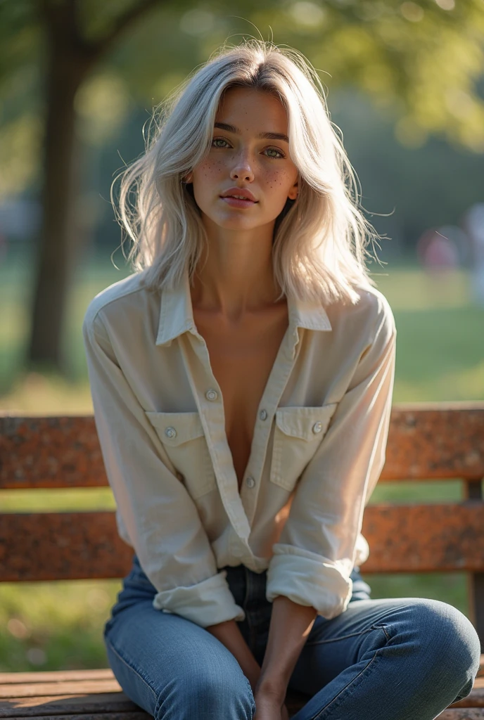 The image a young woman with platinum blond hair seated in a serene field of tall, sunlit grasses. Her attire, a loosely tied white blouse and denim shorts, complements the natural, earthy backdrop. Her posture is relaxed and thoughtful as she gently touches a strand of her necklace, gazing softly towards the camera with a hint of introspection. Her hair is styled in a casual, effortless look, falling gently around her shoulders, enhancing her youthful and tranquil appearance. This setting evokes a sense of peace and simplicity, making it an ideal visual for themes related to nature, contemplation, or the beauty of casual summer days.