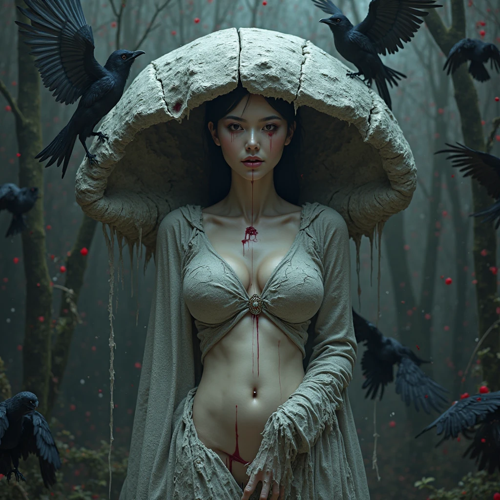 (Masterpiece: 1.2), (Gloomy color scheme), handsome Billie Elish with long gray hair, Realistic eyes, beatiful face, Beautiful girl with a perfect body, Druid, with large deer antlers on the head, long straight hair, She is dressed in a robe with a hood on her head, flowers entwined with branches, 8K high-quality detailed graphics, ((perfect anatomy)), stunning digital illustration, (Body symmetry: 1.2), Upper torso. Gray gloomy background, dark forest. gloomy and hopeless, Dark dramatic lighting, vignette, Depth of field.