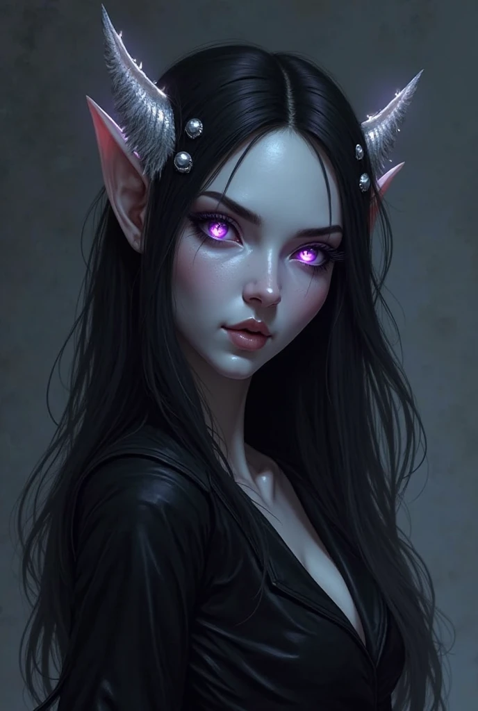 A 2 girl with long black hair with a purple streak,With horns, light blue eyes,