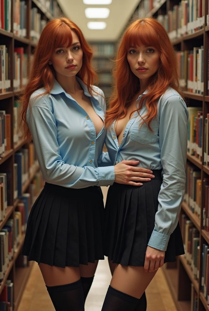 Make her standing in a library, wearing teacher dress, with glasses, nipples are seen, looking sexy. redhead, same look