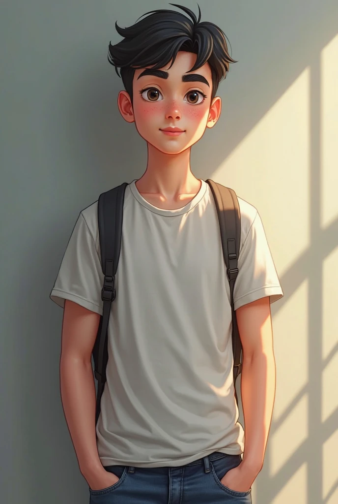 Realistic, detailed drawing, 15-year-old boy, Seen from the side, Bare shoulder, Sunny day, vest, Japanese boy, School, Masterpiece.