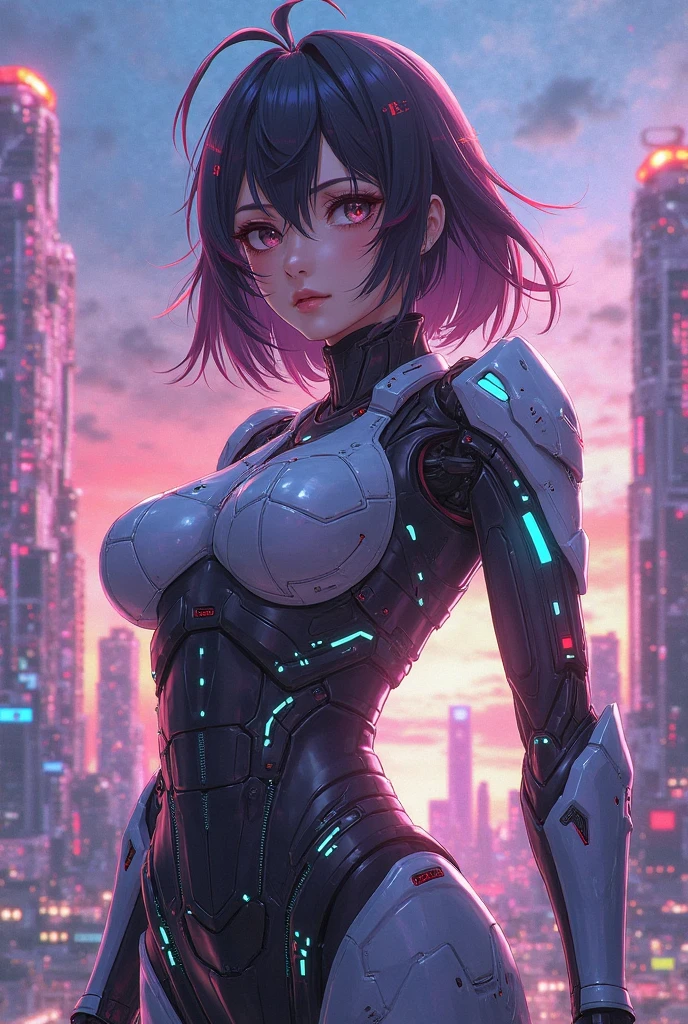 one woman Standing in the streets of Cyberpunk City,in the city at night, android girl,mecha girl, glowing body,silver body, it's raining lightly, posing,large breasts,short of a person,gleaming skin,armor dress, beautiful face,purple eyes, slanted eyes,thin eyebrows,thin lips, purple hair, bob hair,wave hair,from front,outdoor,night,Crowd of People,illustration style,masterpiece, extremely fine and beautiful,illustration,zoom up,