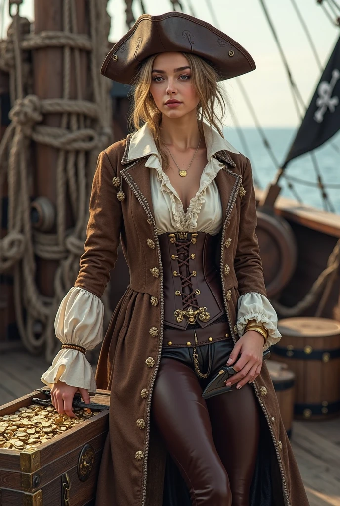 complete photo of a 30 years old woman with light brownblond braided hair. She is standing on a pirate ship. She is wearing a glossy brown leather pirate costume and leather coat. She is also wearing brown leather overknee boots. She is holding a flintlock pistol in one hand. She is smiling mischievous.