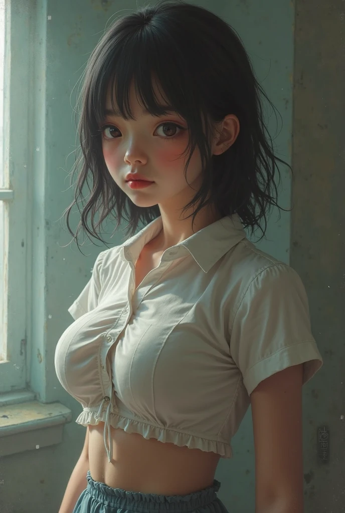 Shot from above、Monochrome tone、High Detail、Edge Detection、sharpness、High contrast、Highlight、A beautiful young girl、a small face、a small face、cleavage of the breast、a large breast、Plump body、Off-the-shoulder dresses、Simple dress、Rim Lights、Cinematic Light、ultra-wide-angle、