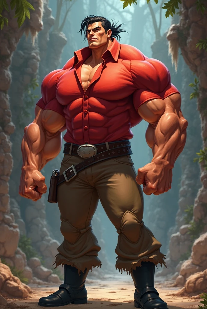 a latin man, medium curly brown hair, (30 years old), lumberjack, (smirk:0.6), open checkered red shirt, jeans, pectoral cleavage, large hairy pectorals, sweat, outdoors, looking at viewer,, sunny, clouds, forest,