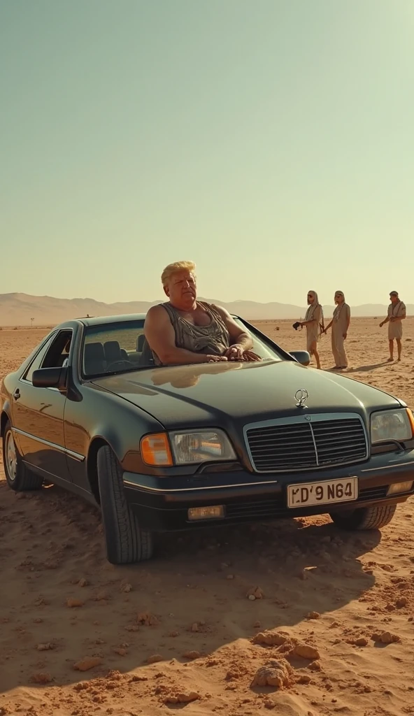 Tom Hiddleston at the backseat of a red convertible car head back exhausted perspiring beige compression shorts hand flexing his arm hand on hiptongue towel through his hair desert on the back ground humid gold pendant. Naked