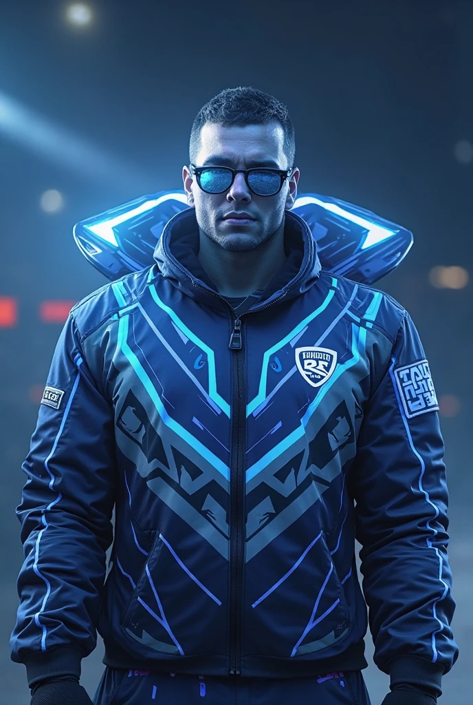 Male character wears white cap with lightning symbol black mask blue and white blouse with lightning symbol