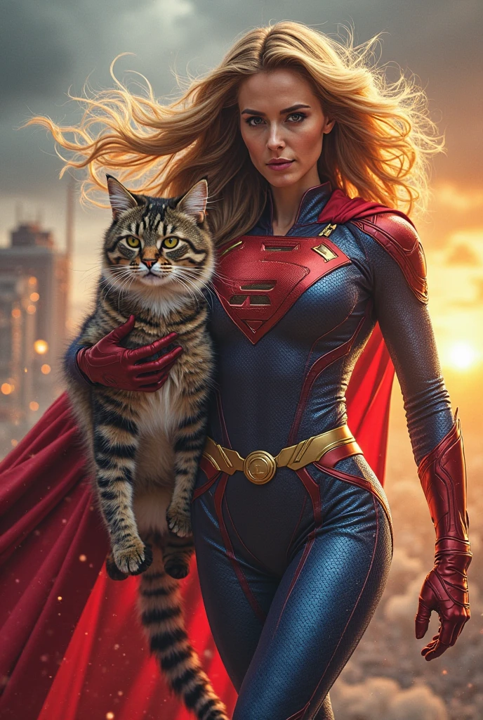 Supergirl body set thick thighs cybernetic body parts, short underwear, blonde with blue eyes, superman S symbol on chest, detailed face, beautiful, gorgeous and sexy smile, glasses, holding a cat