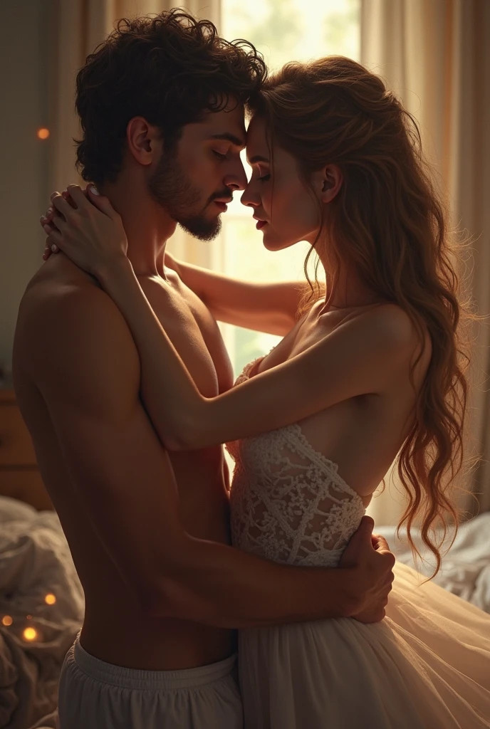 A very handsome adult man, apparently 3, hugging a beautiful 1 girl in a college room