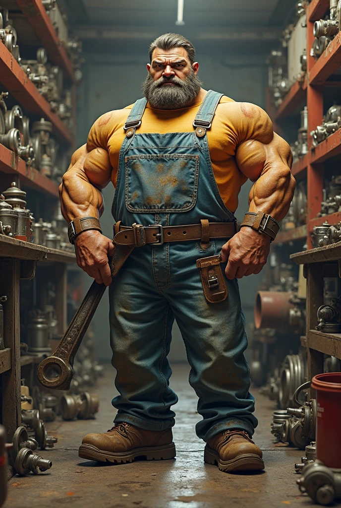 muscular old man, tall, towering, head touching the ceiling, too tall, flexing his arms, mechanical worker, detailed face, strong arms and hands, oil-covered overalls, worn-out tools, greasy machinery, heavy-duty equipment, diligent expression, hard hat, tool belt, imposing stance, industrial setting, dimly small lit workshop, small tables, sparks flying, intense focus, rough and calloused hands, muscular physique, sweat dripping, dirty and smudged face, aged with wisdom, worn-out boots, confident demeanor, experienced craftsman, powerful presence, worn-out work gloves, dedication to craftsmanship, vintage machinery, oil stains, precision and accuracy, vintage goggles, welding sparks, high-res details, rustic charm, sturdy and robust, atmospheric lighting, bronze tones, masculine energy, huge biceps and forearms, white hair, huge muscles, hyper muscles, muscle gut, huge muscle gut, angle from the side, does not fit in room, macro sized