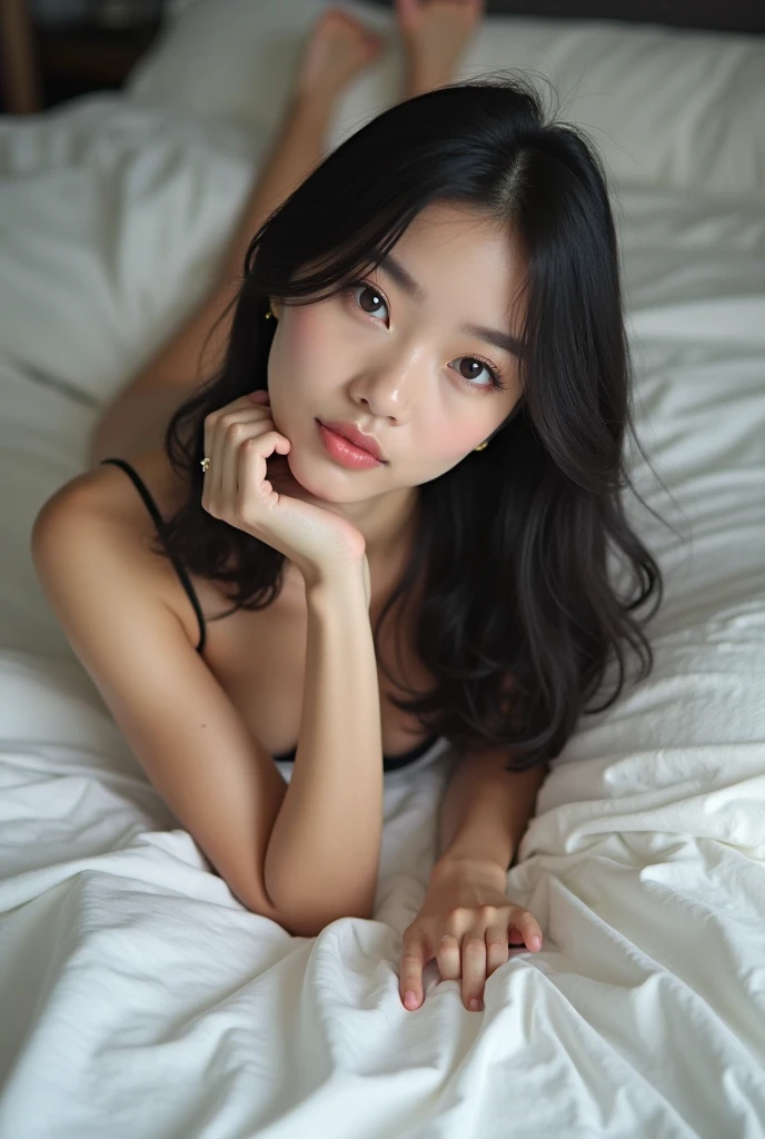 (Take the whole body:1), A realistic portrait of a woman, Very realistic, photography, long straight black hair, asian woman, 20-year-old Asian girl, beautiful, cute, sexy, hourglass figure, perfect body, Look flirting., natural big breasts, Long eyelashes, Cat eye makeup, Double eyelids, sexy pose, Erotic poses, seductive pose, big breasts, big , Wear a sexy and cute mint pink lace top.
