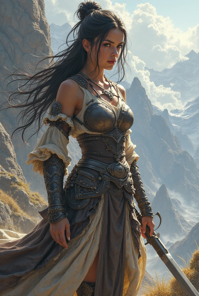 fantasy image, winter, harsh landscape, 1woman warrior (aged 40+) (age 1.5), angry, screaming, covered in blood (blood 1.6) attacking with axe, mix4, (full body image),(8k, RAW photo, best quality, masterpiece: 1.45), (realistic, photorealistic: 1.37), snow, professional lighting, photons mapping, radiosity, physically based rendering, gradient black hair, gray hair, short curly hair, braided hair, handsome, armor, pale skin, top quality photo, high res, 1080p, (clear face), (detailed face description), (detailed hand description), (masterpiece), (exquisite CG), extreme light and shadow, disheveled hair, master work, rich details, (fine facial features), (highest quality photo), (masterpiece), (detailed eyes), (blue eyes), look in front of you eyes, fine clavicle, dark, mystical scandinavian (misty 1.9), dark, moody, stylized, white background with one color ink stains, art by Alternity77,