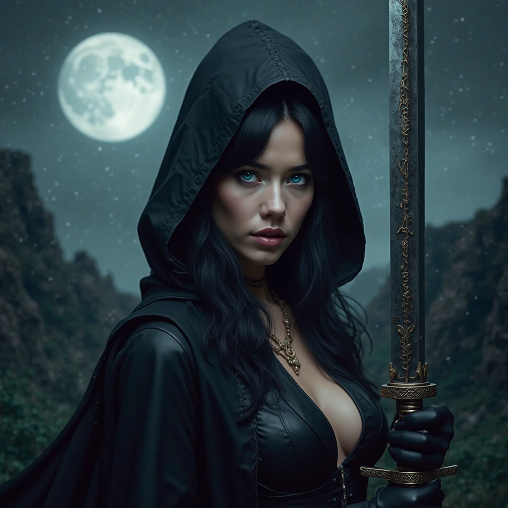 An ultra hot gorgeous European woman, age 23, long blonde detailed curly hair, full body shot, athletic build, hourglass figure, Queen of Death, black robes, sexy black outfit, grim reaper, exterior graveyard, surrounded by ones and skulls, black hood, hooded figure, make it look like a fantasy novel where she is the queen of death ruling over her subjects with a serious manner, gorgeous woman, woman, creepy but attractive, unnatural aura, sexy monsters, getting fucked by the grim reaper, with the grim reaper. Dramatic cinematic lighting m, horror movie scene, backlight. ((Full moon night))