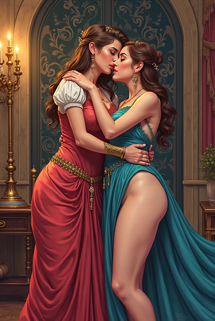 Two rich noble women of middle age from the 18th century, in an opulent living room, dressed in alluring outfits revealing their breasts and pubes, tenderly engaged in intense lesbian seduction, seated comfortably on a sofa.