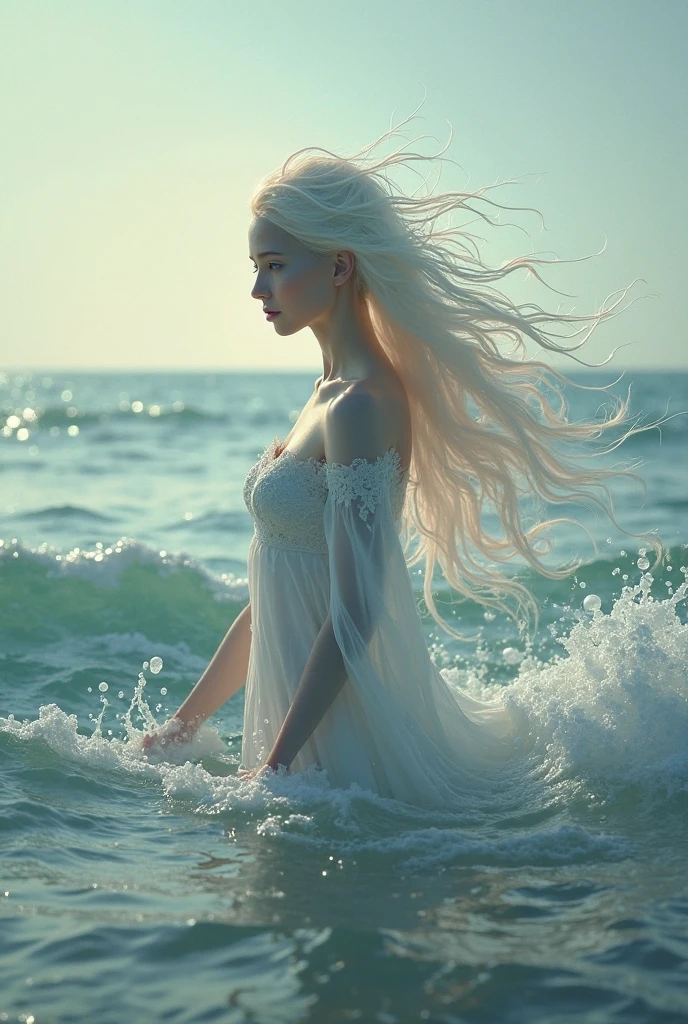 Surreal art with an image of a girl with white hair , at sea
