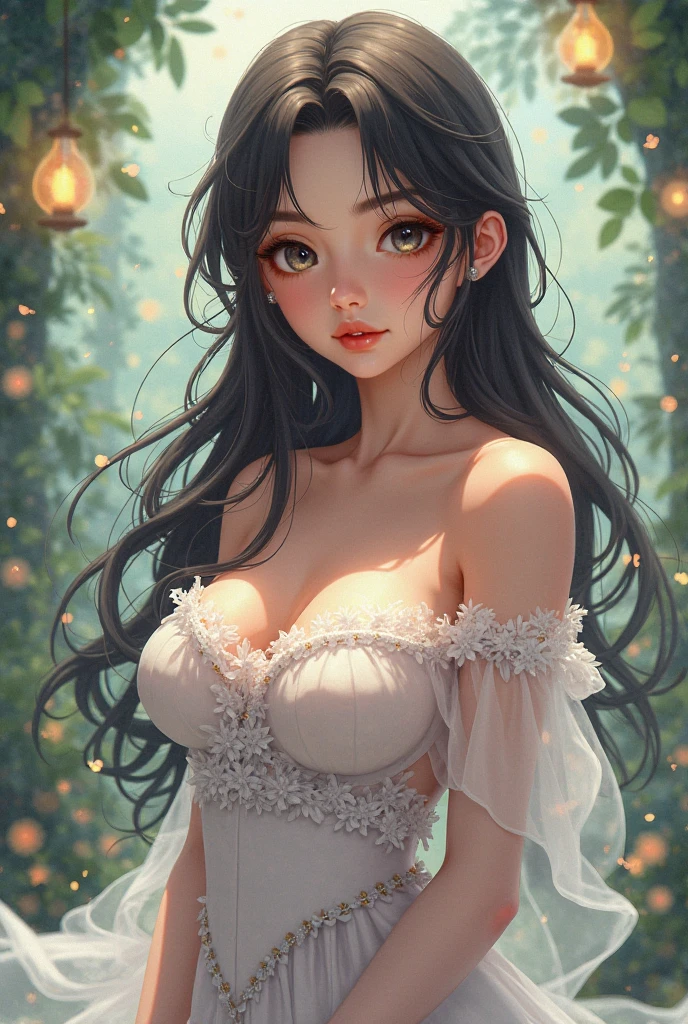 Beautiful American white woman、Dark Blonde、Her hair is tied in a ponytail at the back of her head with a ribbon、My hair is wavy、blue eyes 、slender、Out of focus background of open grassland in a forest、The sunlight filtering through the trees is beautiful.、smile、looking at the camera、slenderでありながら胸が大きく均整の取れた身体、Posing like a model、Brush your hair up、There must be headroom、Bare Breasts、Very high definition、She is wearing a tight black sleeveless lace dress