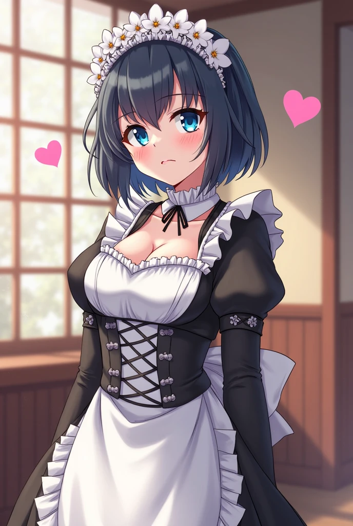 Beautiful black short haired anime woman,cuerpo standard,normal breasts/standard,Wide hips,thick thighs,wide rear,eyes of completely black colol,traditional maid outfit,3 pairs of arms.