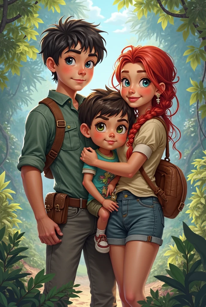 A red-haired woman, a man, three children


