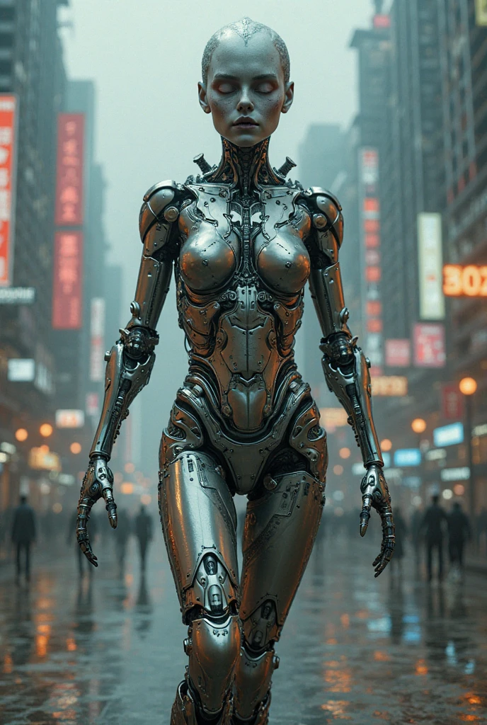 Cyborg walking in a crowd of people on the street in a big city., absurdres, masterpiece, beautiful, intricate details, 1/2 body crop, slim body, beautiful figure, magnificent anatomy, (intricate details:1.12), HDR, (intricate details, hyper-detailing:1.15), (natural skin textures, hyper realisitc, soft light, Sharp:1.2)