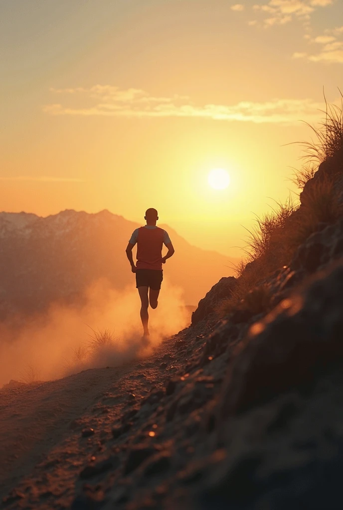 Create a realistic image wher : A sunrise illuminating a rugged path with a lone figure running uphill, their body glowing with determination, symbolizing daily struggle and persistence.