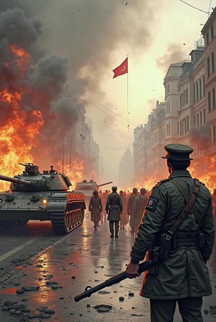 History painting, the russian revolution, 1990s, tanks, cloudy, riots, painting, moscow,