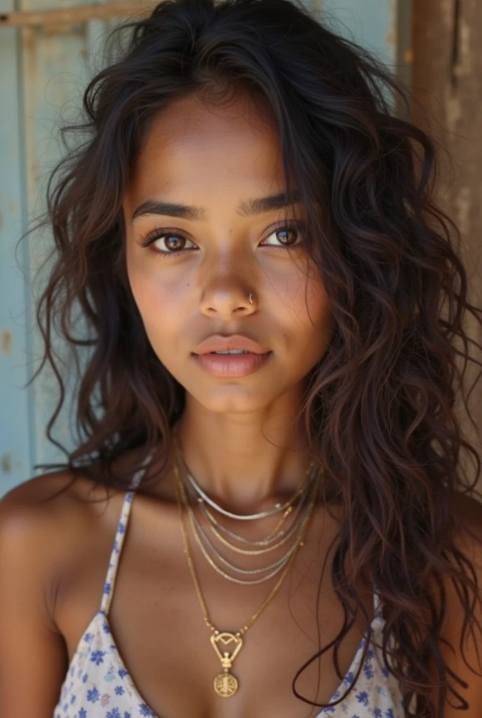 For the: black long loose curly style, Eyes: negro, Skin color: white, taking a selfie on the beach, that looks 13, small pink lips