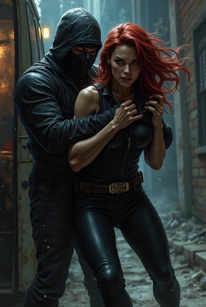 Woman of approximately 2, with long copper-colored hair, green eyes, dressed in black, with a siren and dominant look while holding a gun in her hand, Behind her, a man of approximately 2, tall, with perfectly combed black hair while a chest of hair falls on his forehead, black eyebr.ows with dominant blue eyes,without beard  with a gun also in his hand. that it be as realistic as possible