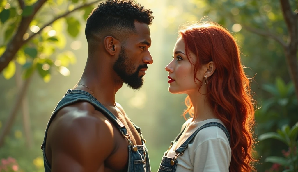 a tall man with brown skin looking hurt at a white girl with red hair who looks furious