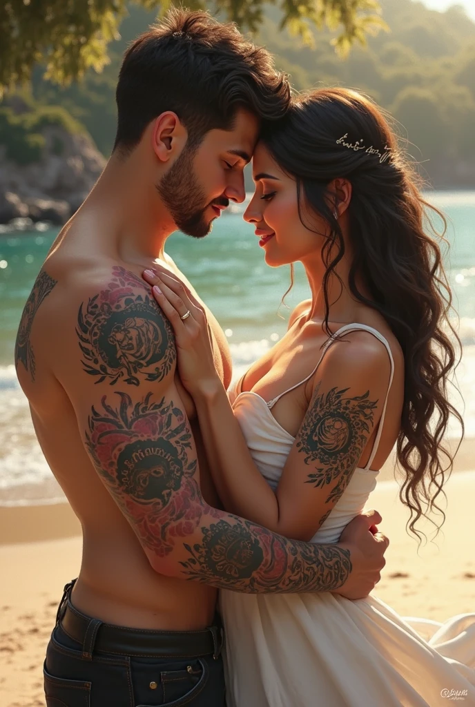 Melhor qualidade, detalhado, casal, de cabelos castanho de cor clara e um de cabelos pretos com tatuagens