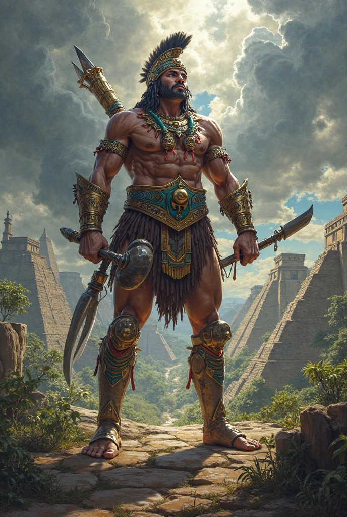 Create a aztec warrior wielding a Macuahuitl with obsidiana shards imbued with lightning magic
