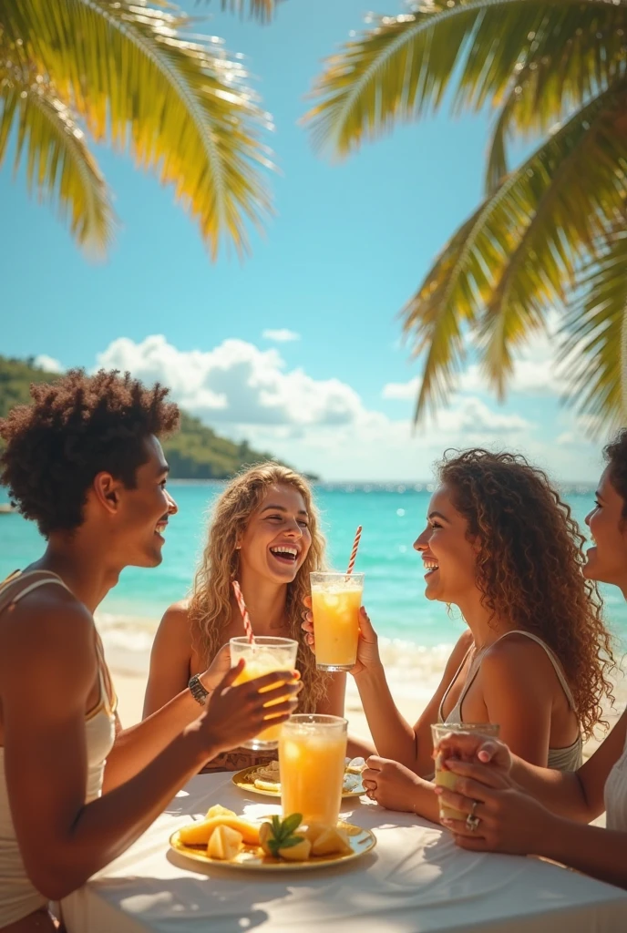 (photorealism: 1.2), handsome Cuban, beautiful and athletic body, standing next to a beach bed, the bed is made of wood with beige cushions, under a guano umbrella, dark skin color, curly hair, with a green shorts, holding with his left hand and drinking a can of beer, the can is green, the can has no signs, he is on the beach, on a sunset, natural light with two beautiful Cuban women, with beautiful bodies, sitting on the bed from the beach, the bed is made of wood with beige cushions, under a guano umbrella, dark skin color, curly hair, they wear a green bikini, she holds and drinks a can of beer with her left hand, the can is green, the can has no signs, the beach is lit, on a sunset, natural light, everyone is sharing, drinking and laughing together like best friends, everyone's clothes are green