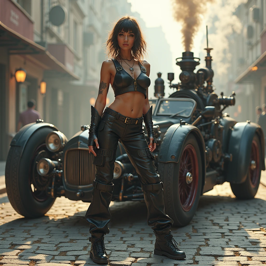 ((Very old photograph only in sepia color)), in low-angle frontal view, ((a punk woman in short shorts and leather top standing, still holding a large wrench as the central character)) and ((on the sides of the poster, a chaotic jalopy racing scenes from the 1920s)), still a ((Mad Max cinematic universe from the 1920s)). 1920, inspired by the work of Fritz Lang)), in a decadent dystopian setting of the 1920s. vintage, old film cgsociety, art deco, set in 1920, hyperdetailed, 1920s Mad Max film, digital illusions, photorealistic, artistic visuals inspired by Fritz Lang. ((motion picture film)), ultra-detailed, chiaroscuro, RAW photo, cinematic, artstation style, concept art, masterpiece, 8k, black and white, realistic textures, 3D rendering