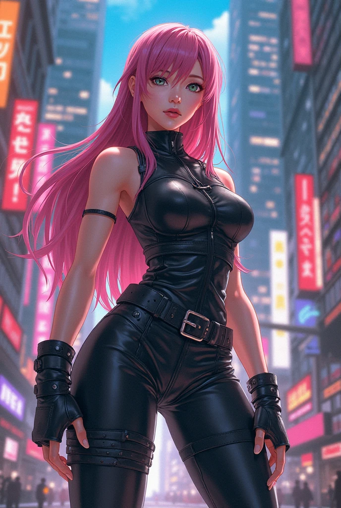 A woman alone, pink hair, long hair, blue eyes, on the empty street, heroine costume