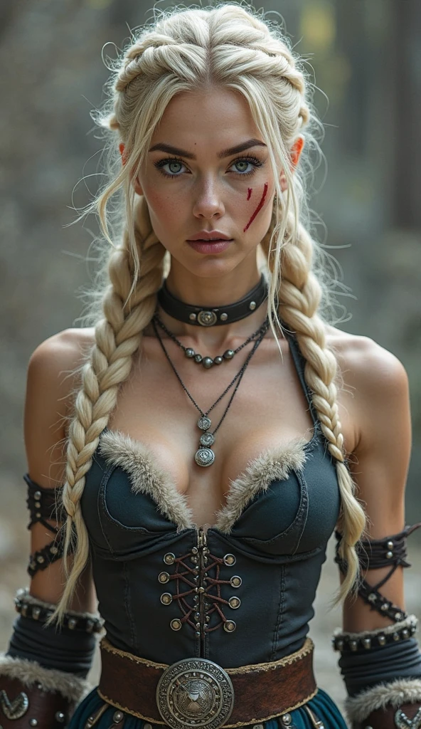 ::1:: Hyperrealistic, high-quality full body photograph, full length portrait,  Hasselblad camera quality. ::1::
::2:: Subject: 18-year-old Nordic woman, Viking warrior essence, ready for battle, full body, topless, Nipples visible ::2::
::3:: Body language: strong, determined expression. ::3::
::4:: Facial features: epic, piercing blue eyes, thick arched eyebrows, fair weathered skin. ::4::
::5:: Hair: blonde, long, flowing, slightly tousled with braids, traditional Viking style. ::5::
::6:: Makeup: Minimal, earth-toned, war paint markings across cheeks and forehead, enhancing fierce warrior look; possible symbolic Viking tattoo visible on one side of her face, representing strength and protection. ::6::

::7:: Pose: bold, commanding, shoulders squared, chin slightly raised. ::7::
::8:: Accessories: intricate cape, intricate Viking jewelry (torc, arm rings with Norse engravings), leather gloves, hand near decorative sheathed sword. ::8::
::9:: Lighting: dramatic soft backlight, halo effect, highlights contours of face and accessories. ::9::
::10:: Ambience: epic natural outdoor setting, dawn or dusk, Nordic landscape backdrop, tranquility before the storm. ::