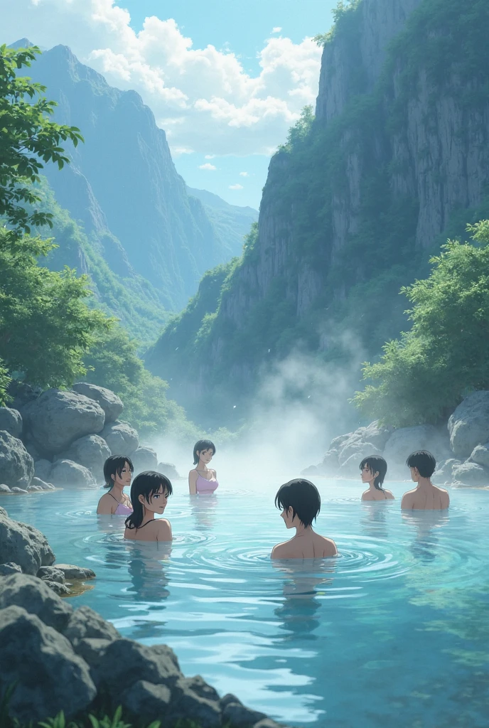 This image should be in anime style, depicting a frozen river where 5 teenage boys are taking a bath. The frozen river is inside a frozen cave. In the background, you can see a landscape completely covered in snow with some pine trees and ice. They are literally in a very cold place, but in the background, you can see a large volcano. It's a beautiful day and the sky is clear. The five are having fun. There are two Nordic statues with ice on top of them, one on each side, and they are releasing water into the frozen river.