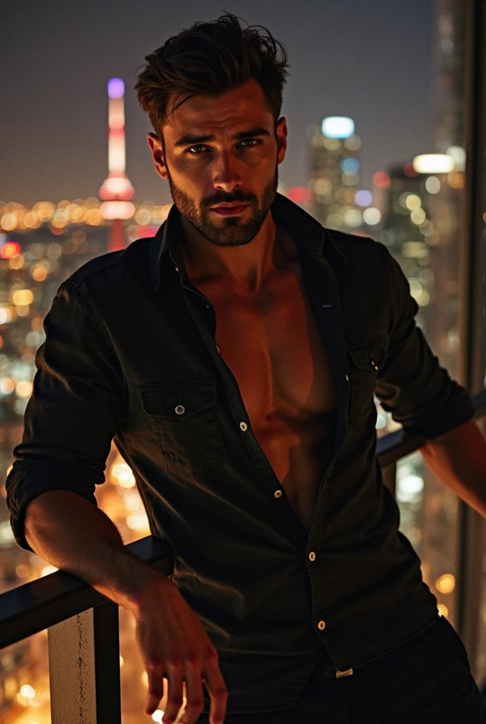 A sexy man with black hair sitting on a chair of his balcony, beautiful night time scenery, handsome face,(penis), looking at the camera seductively, realistic photo, masterpiece ,short beard, virile,body hair, cinematic lighting, bookeh , shadows and light contrast 