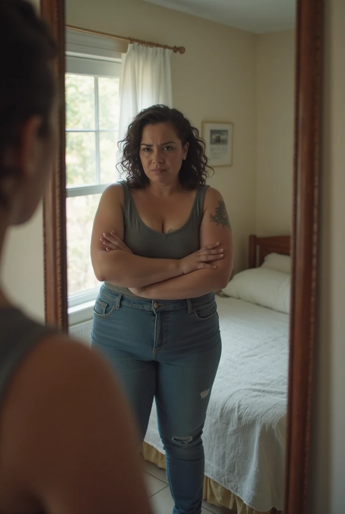 a large mirror in a bathroom environment lit by cold light. In front of the mirror, a fat woman in a shirt and workout clothes looks at herself with an expression of tiredness and discouragement.