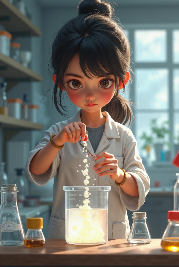 A town young big girl with specs and tied hair in a ponytail wearing tshirt and mini skirt. Doing science experiment in her room with water
