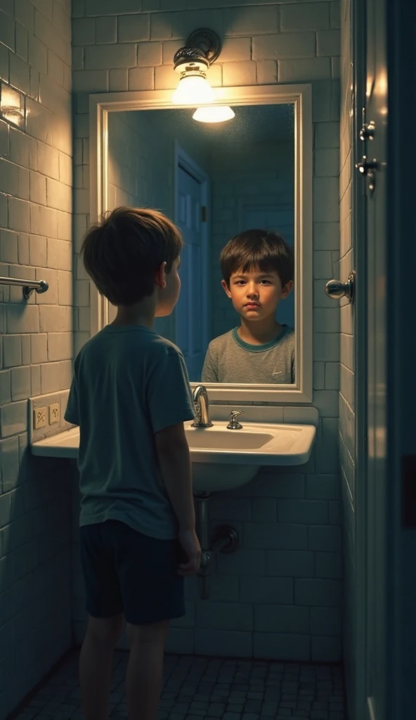 A 10-year-old boy, with his back in a room, with an illuminated mirror, 10000°c portal, dark, low lighting, 90's clothes, interior background of an old house