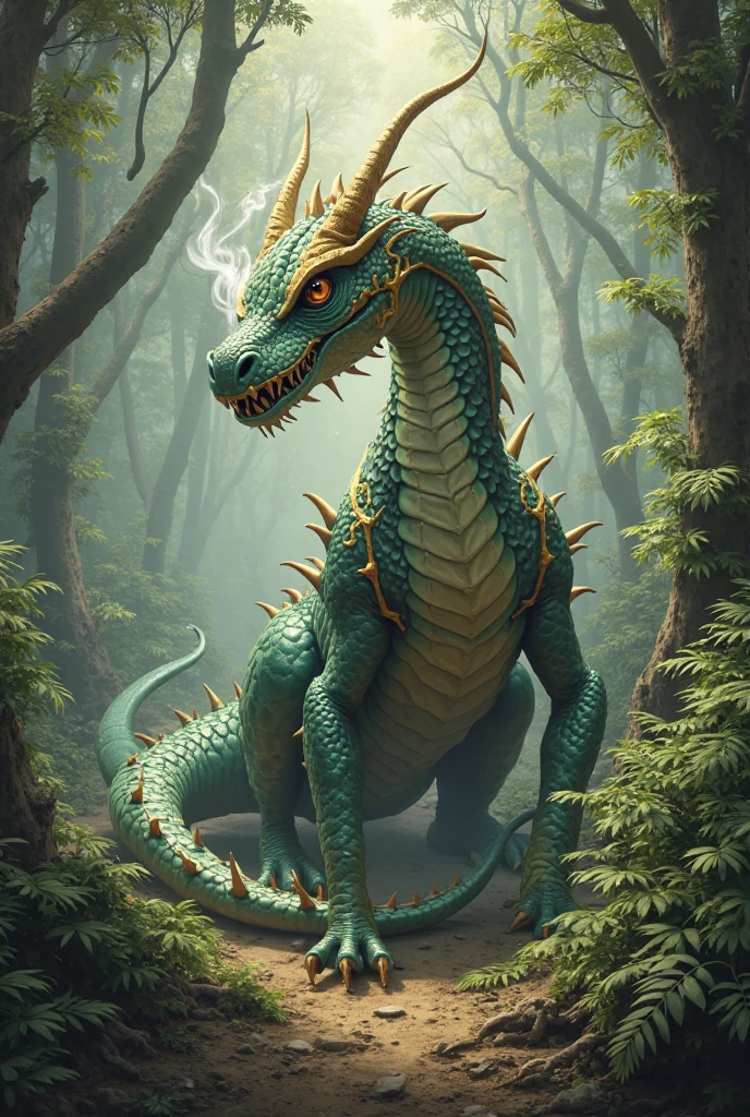 A super-realistic and beautiful female dragon that blends in with the forest, Predominant green color, Highest quality, 8K, Bioluminescence lighting, Drawing with a pencil.