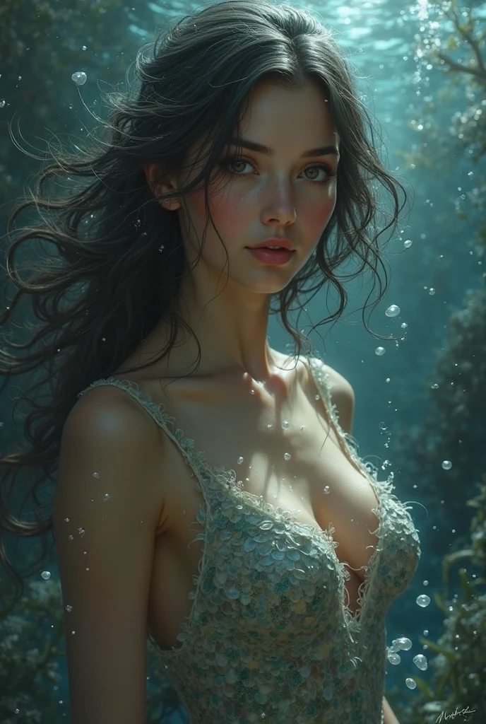 mermaid, black hair adorned with flowers, swimming in the seas, shiny scales, looking at the camera