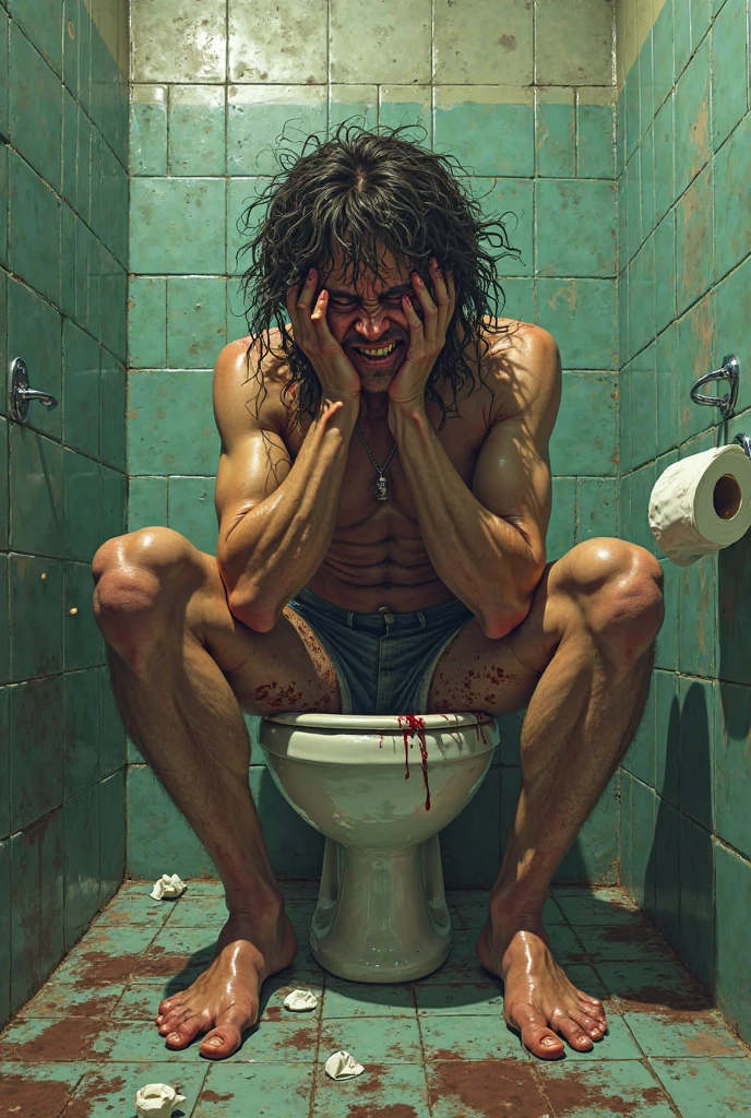 (((perfect body))), ((best quality)), ((masterpiece)), (detailed), a hairy man, he is extremely thin, he has big Dick, he has big , he is mastuots of cum splashing evehere)), he is sitting on floor in a dirty alley