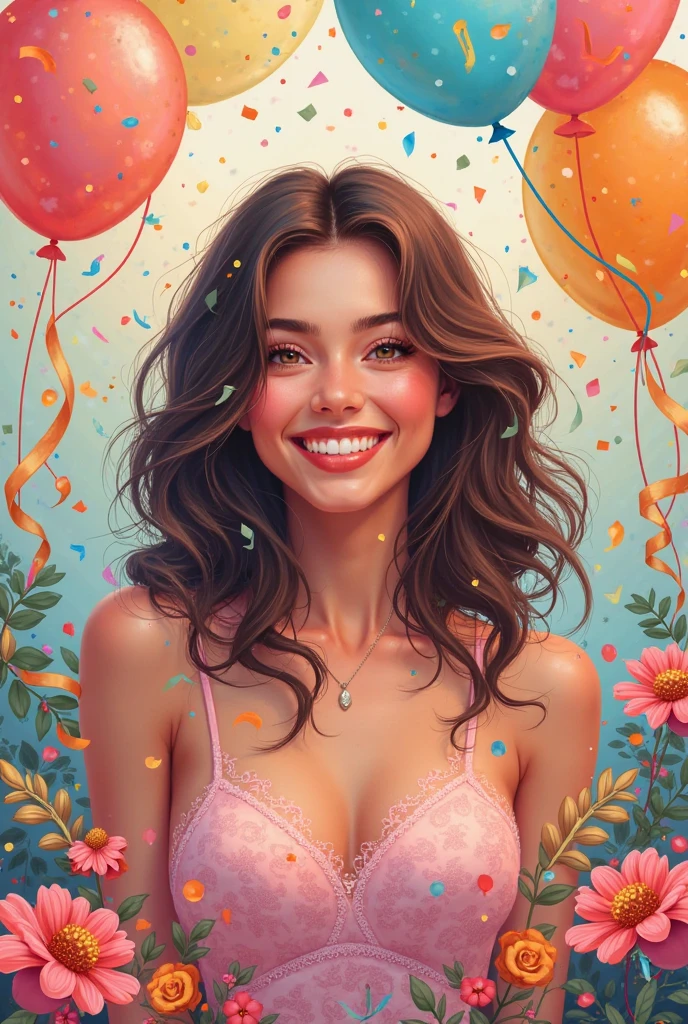 Birthday, portrait, close-up, brunette girl with black hair, long curly hair, impeccable beauty, Impeccable ???????, celebration, joy, happiness, solemn atmosphere, balloons, beautiful sheath evening dress, White dress,  art in the style of Stanley Lau, art in the style Greg Rudkovsky, gorgeous digital painting, --stylize 400, --style scenic,