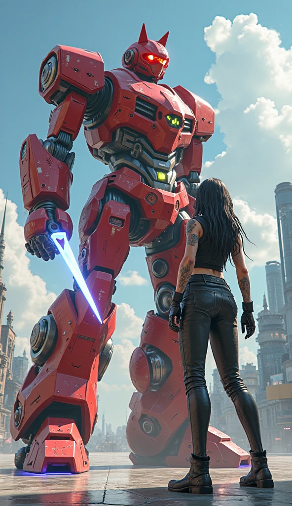 ((best quality: 1.5, masterpiece)), intricate details, soft focus, professional, real life, realistic representation of the face, dim volumetric lighting, dynamic pose, in the style of realistic and hyper detailed renderings BREAK (((2 characters, one cyberpunk steampunk girl, clockwork armor, seafoam perfectchainmail chrome armor:1.4, (background red white mecha, mechanical robot, weapons, Warhammer Dreadnaught, from below)))), film grain, bokeh, black background, dark empty room, photorealistic, hyper-realistic, 8K