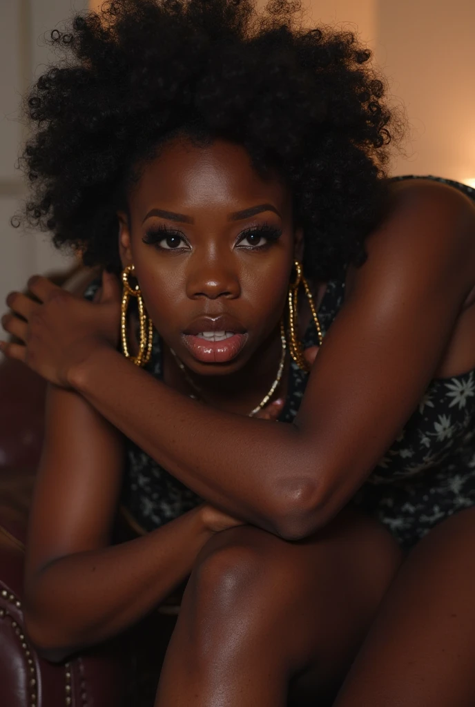 selfie of a black woman , a portrait inspired by Shirley Teed, cg society contest winner, video art, her belly button is exposed, with a black background, youtube video screenshot, tinyest midriff ever, sexy black woman walks past them, wearing a sexy cropped top, gorgeous stella maeve magician, african american young woman