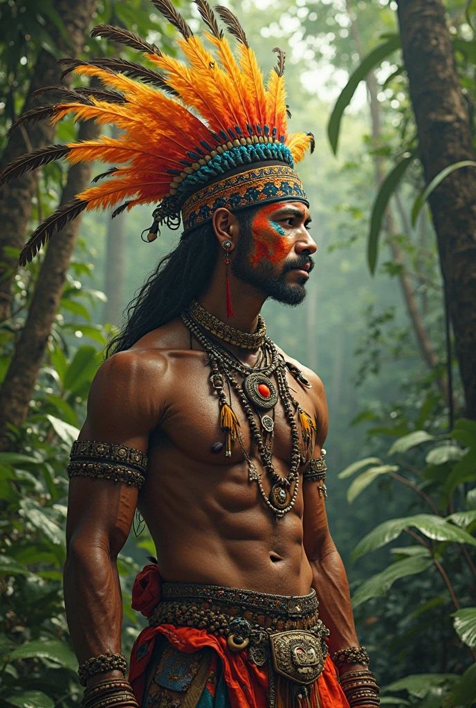 Young indigenous man stands in a dense, tropical forest surrounded by plants. He wears an elaborate headdress made of colorful feathers. The expression on his face is serene and wise, reflecting his deep connection with nature and ancestral spirits. Sunlight penetrates the treetops, creating a play of shadows and lights around you. smooth face, no beard
