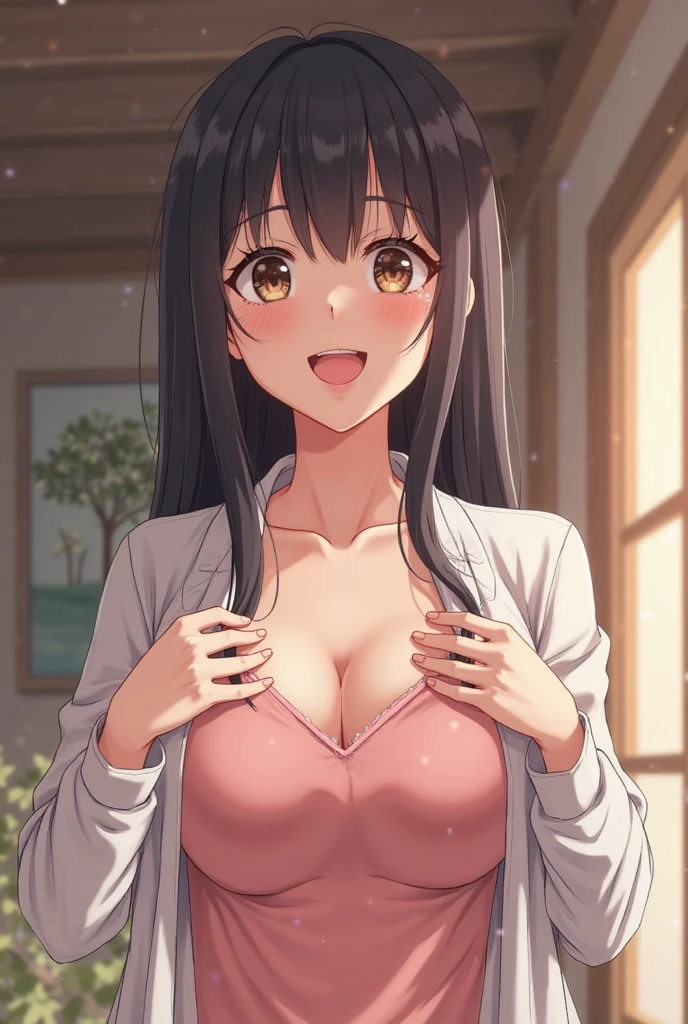 bra lift, open shirt , skirt, nipples, large breasts,((( both hands on own breasts))), troubled face, blush、half smile