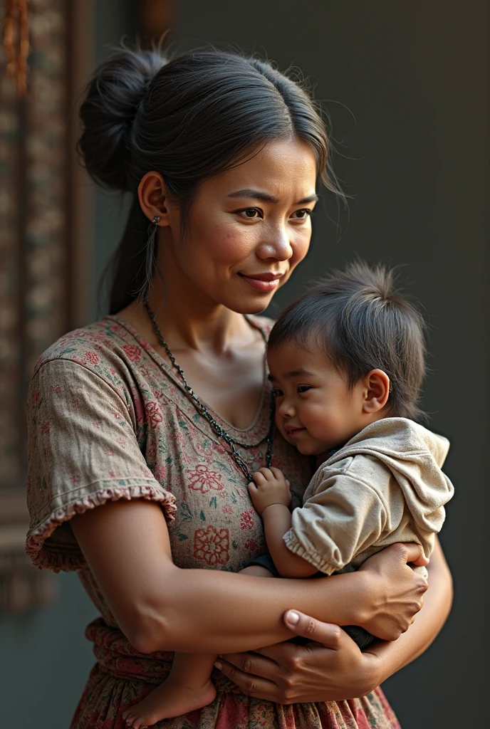 masterpiece, realist, high contrast, Abraham Bloemaert painting style, indigenous mexican woman,light, with Mexican embroidered shawl, breastfeeding her baby, and held a corn cob, shocking look, great handling of light and dark, Angel of Caceres, photography by uma damle, style photo by uman damle, Caravaggio 